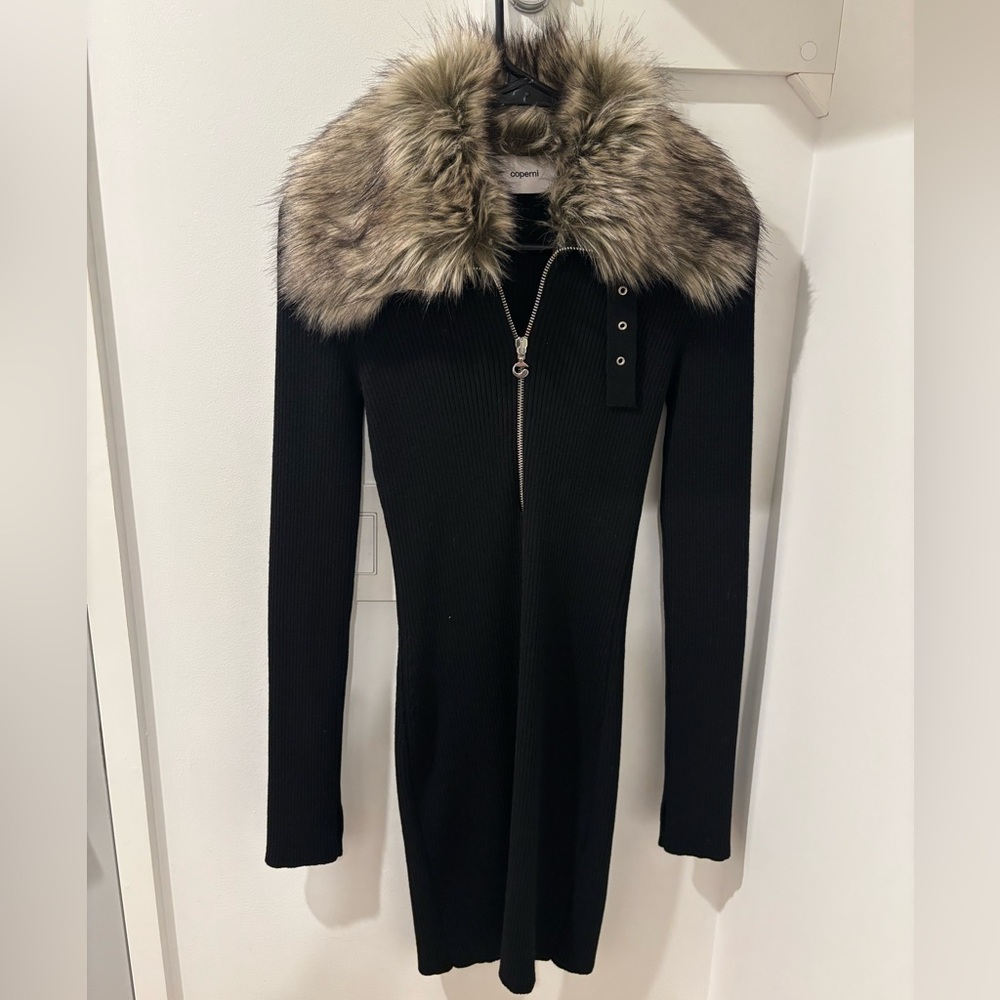 Coperni zipped dress. Black with faux fur collar. NWT. Size Medium.